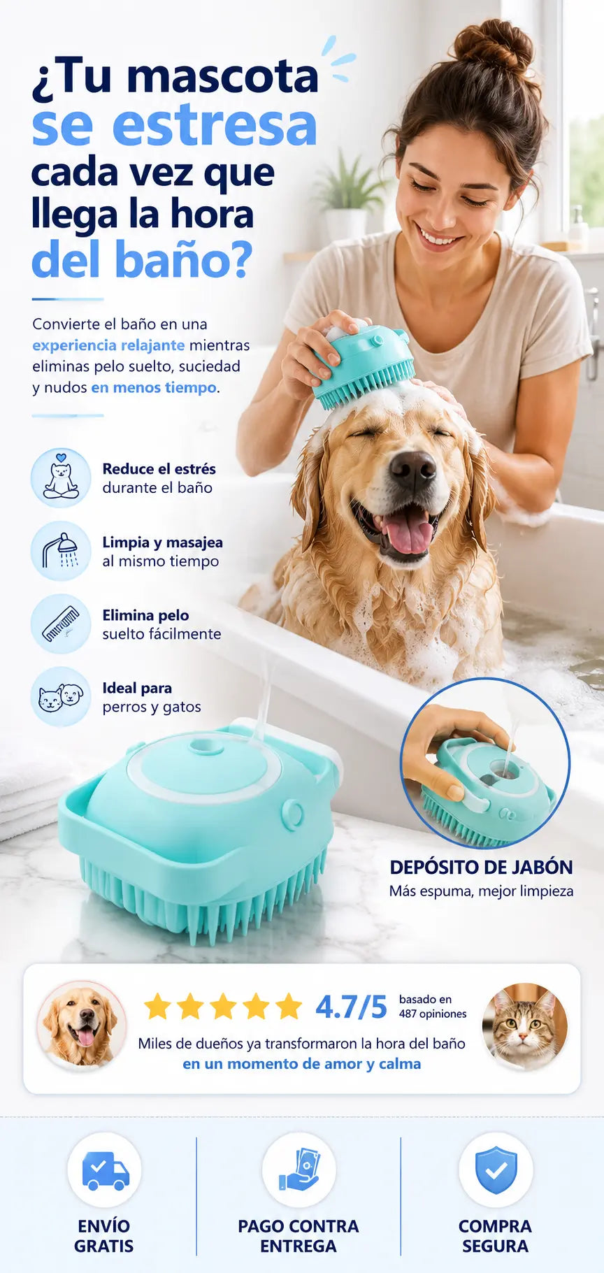 Cepillo de Baño 3 en 1 para Mascotas
