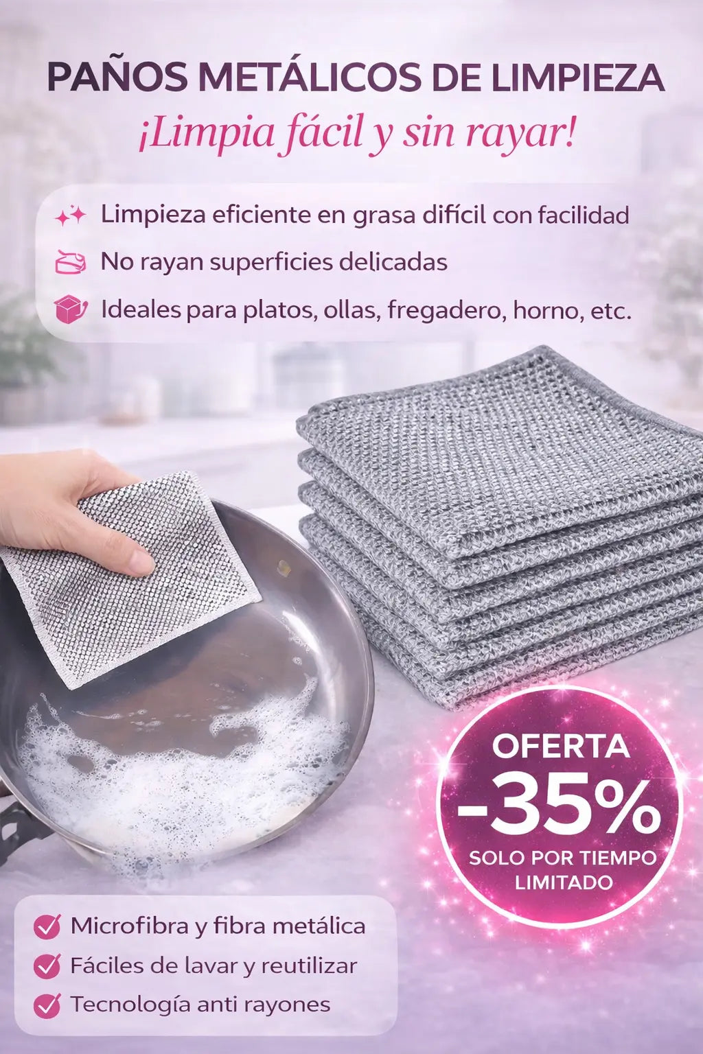 Paños Metálicos Antirayones – Elimina Grasa Difícil Sin Esfuerzo